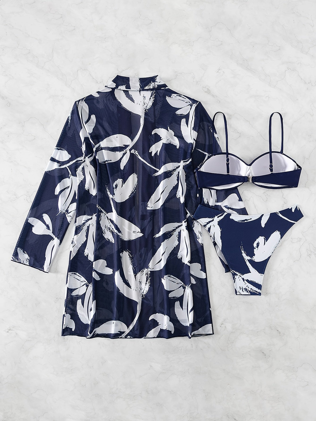 Leaf Print Navy Blue High Stretchy 3 Piece Set Swimsuits