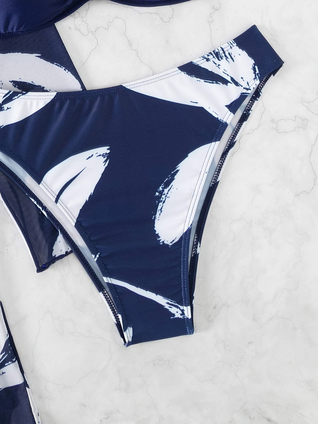 Leaf Print Navy Blue High Stretchy 3 Piece Set Swimsuits