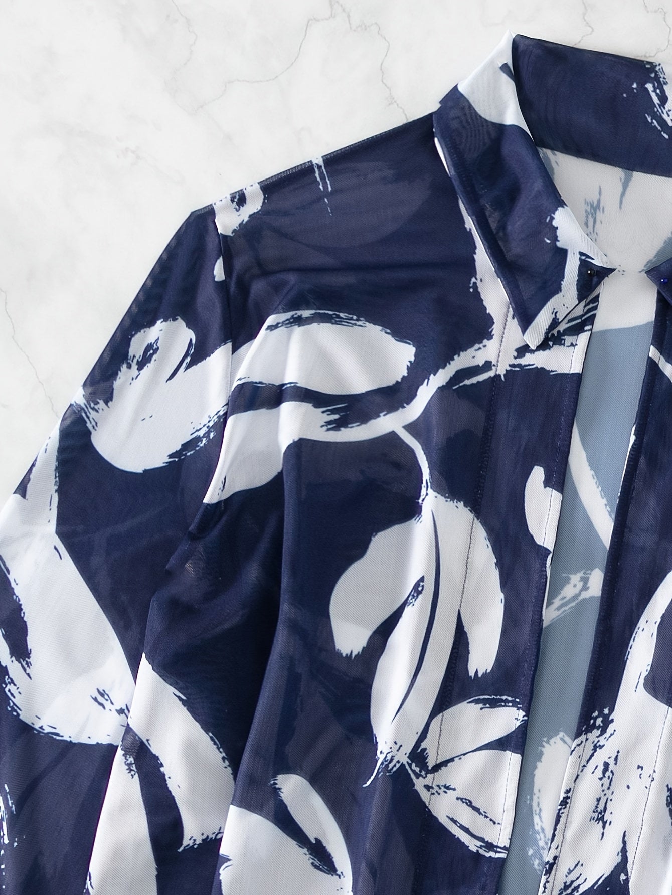 Leaf Print Navy Blue High Stretchy 3 Piece Set Swimsuits