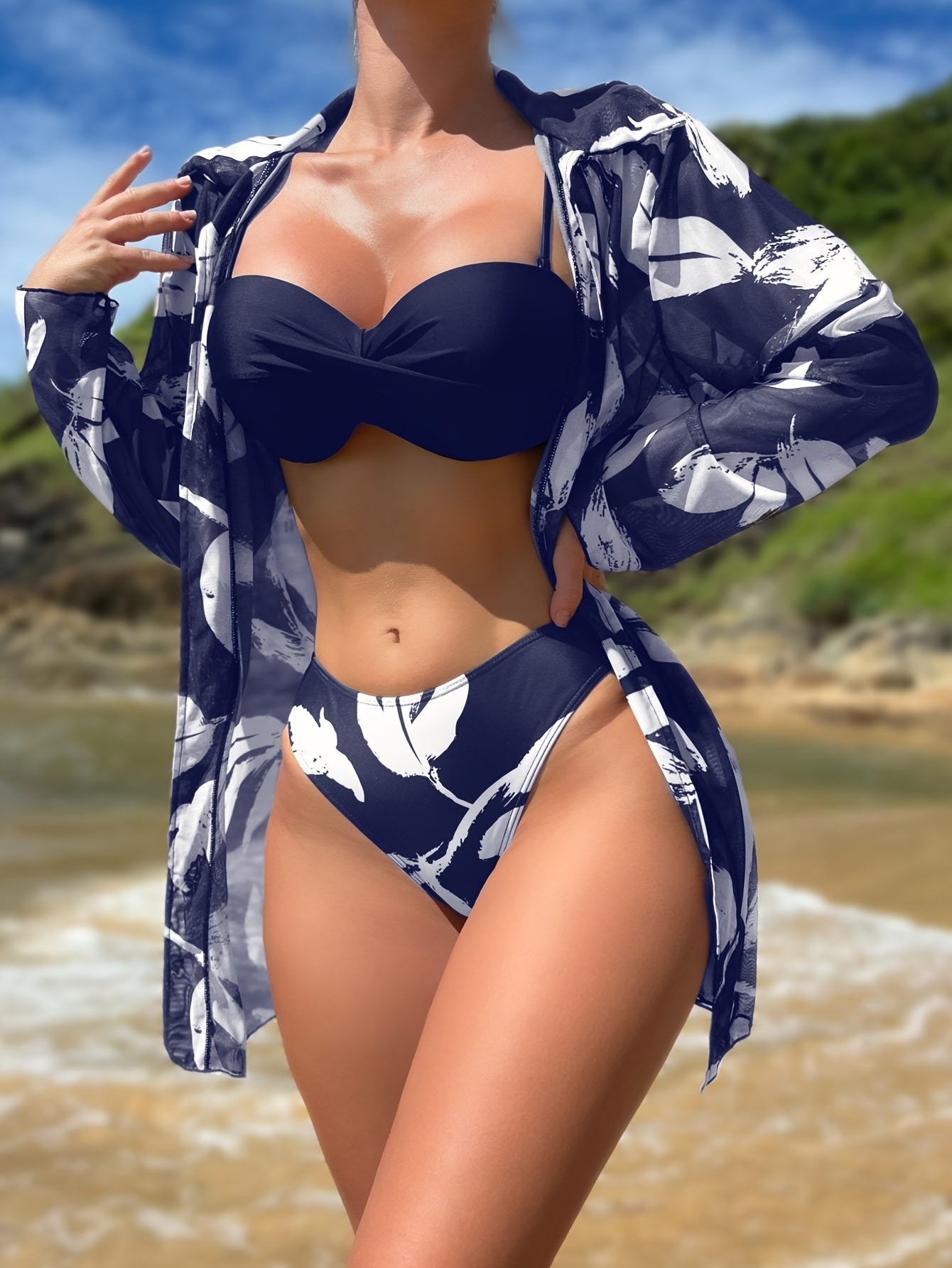 Leaf Print Navy Blue High Stretchy 3 Piece Set Swimsuits