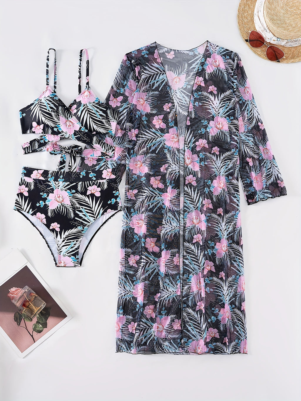 Leaf & Flower Print Stretchy 3 Piece Bikini Set with Long Sleeve Kimono