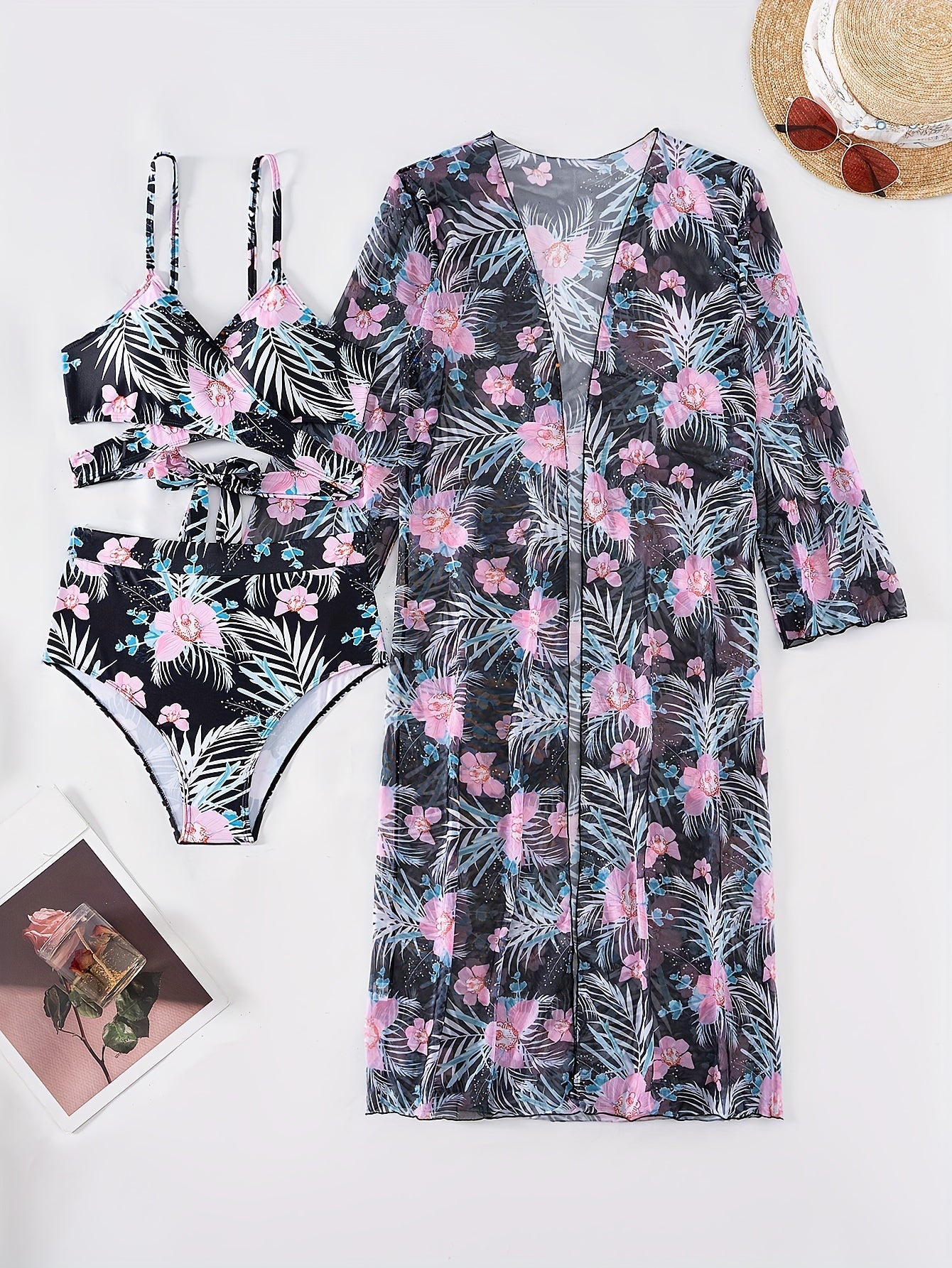 Leaf & Flower Print Stretchy 3 Piece Bikini Set with Long Sleeve Kimono