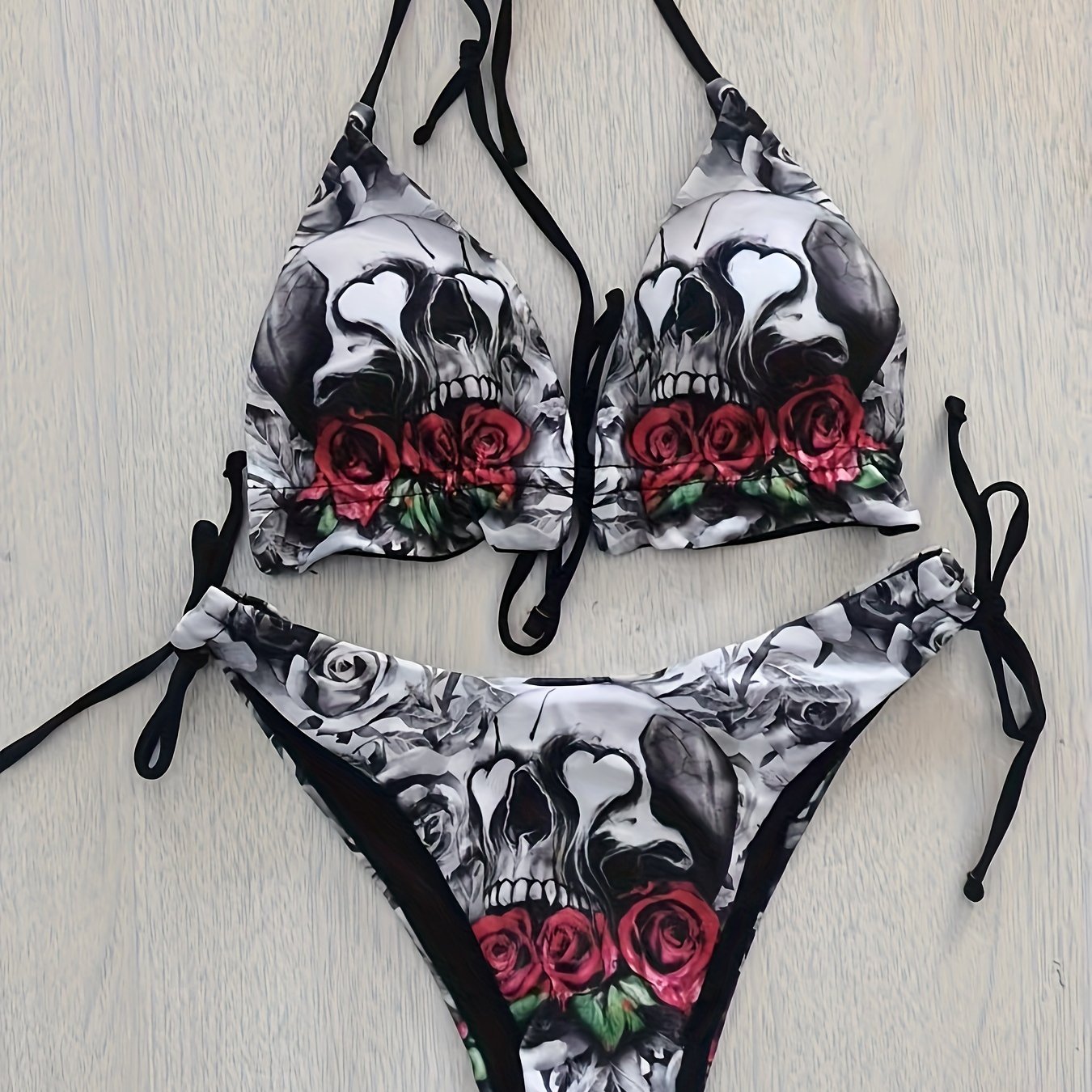 Gothic Skull Floral Print Tie Strap 2 Piece Set Bikini