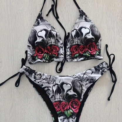 Gothic Skull Floral Print Tie Strap 2 Piece Set Bikini