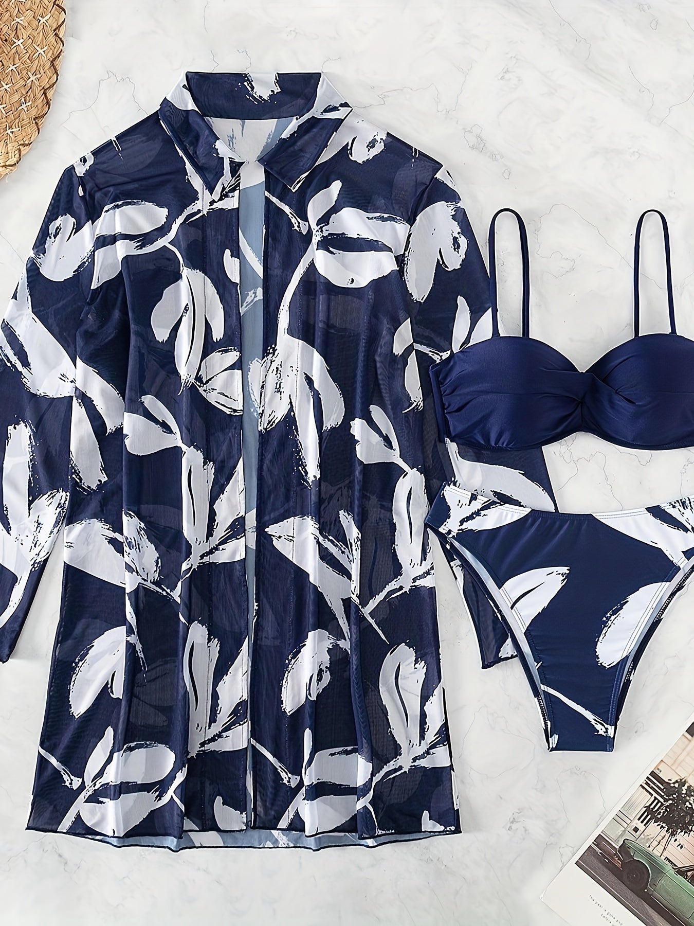 Leaf Print Navy Blue High Stretchy 3 Piece Set Swimsuits