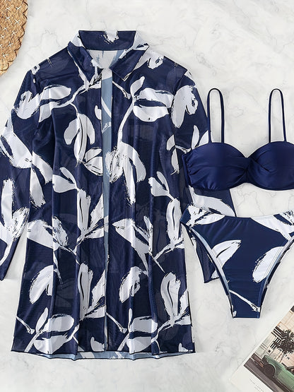 Leaf Print Navy Blue High Stretchy 3 Piece Set Swimsuits