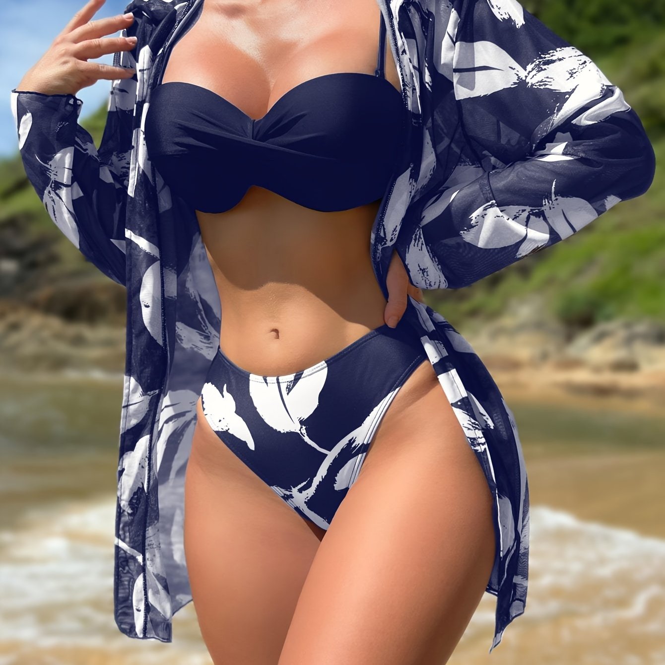 Leaf Print Navy Blue High Stretchy 3 Piece Set Swimsuits