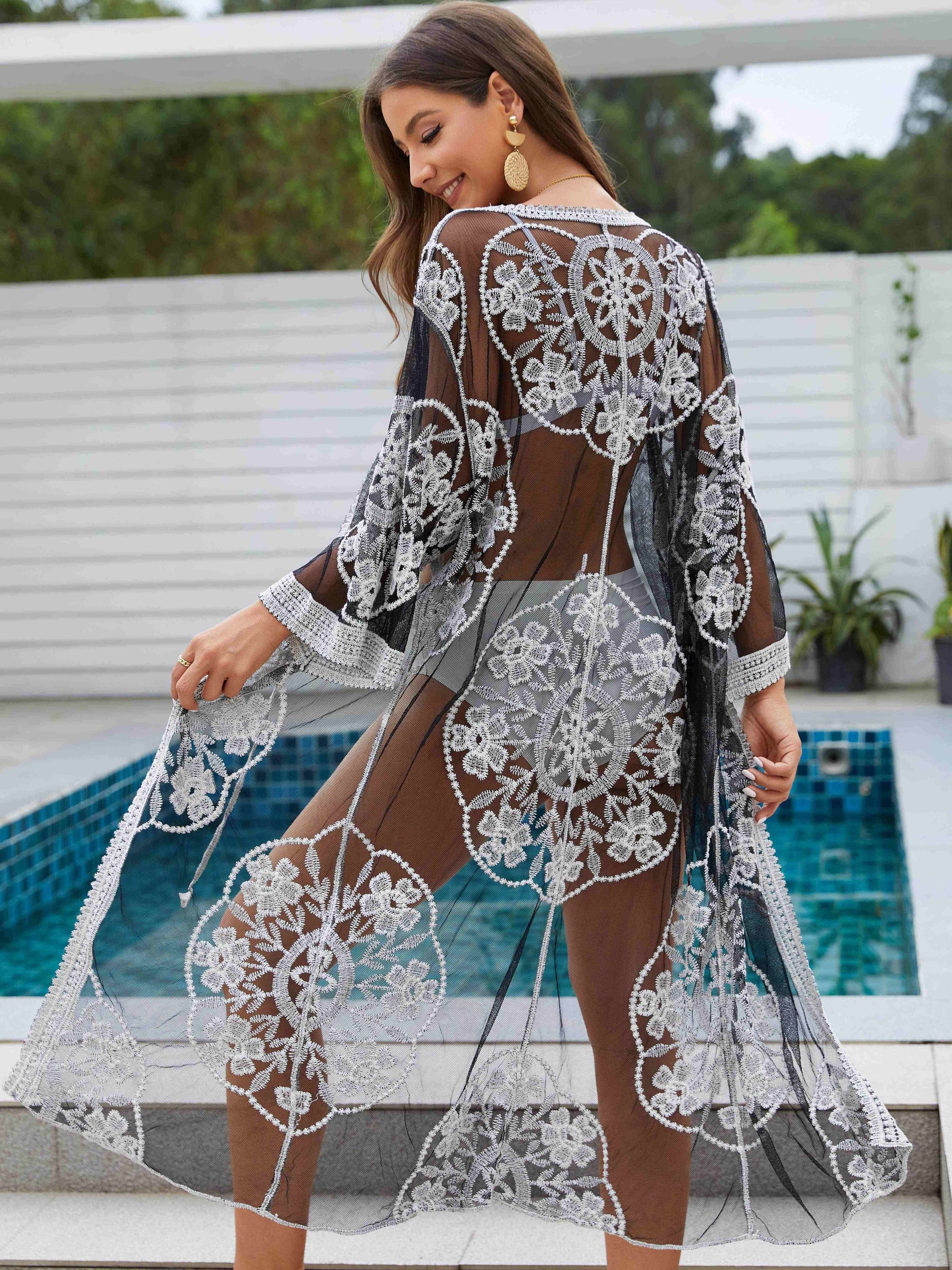 Bohemian Floral Embroidered Sun Protection Cover Up