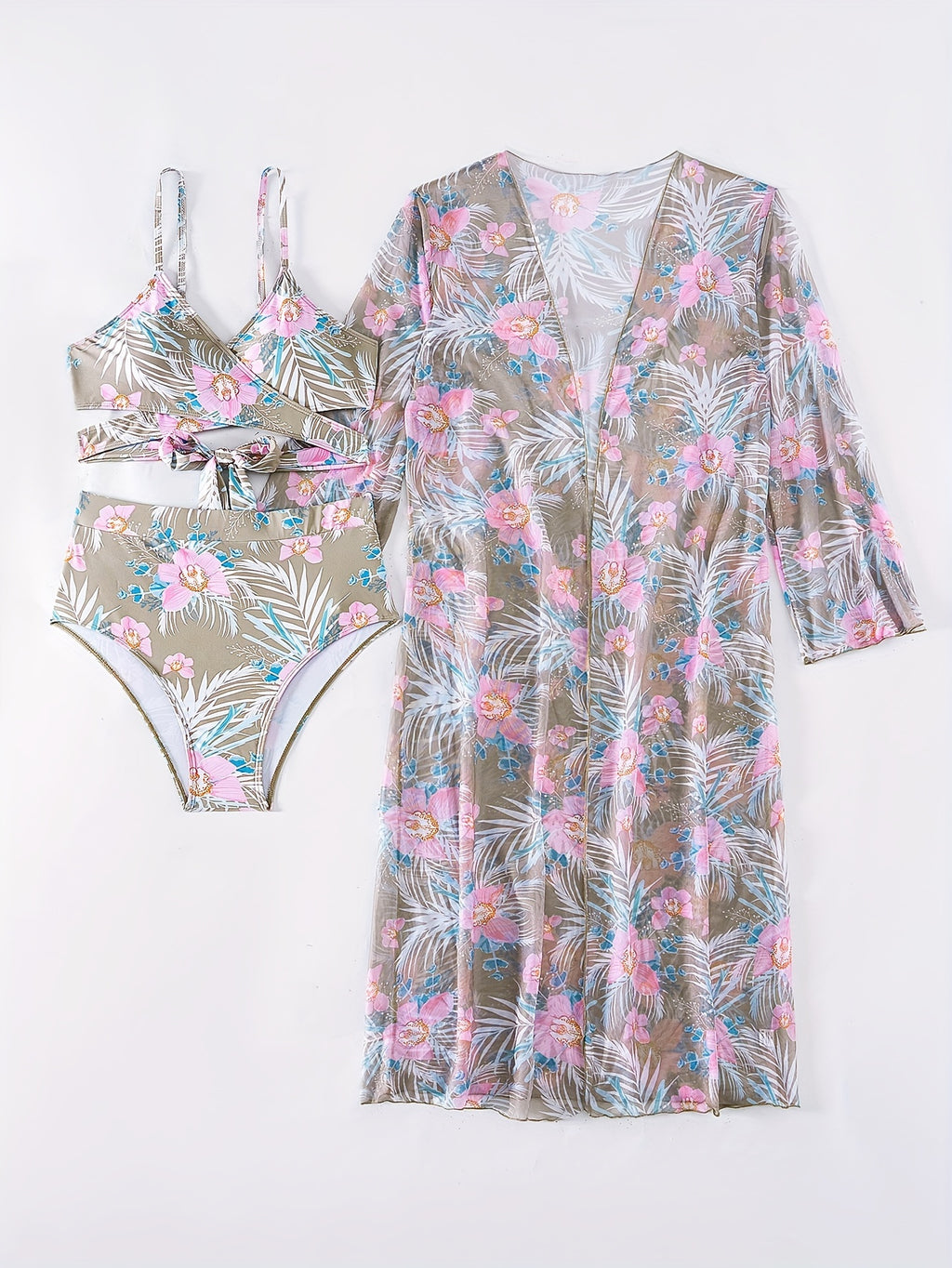 Leaf & Flower Print Stretchy 3 Piece Bikini Set with Long Sleeve Kimono
