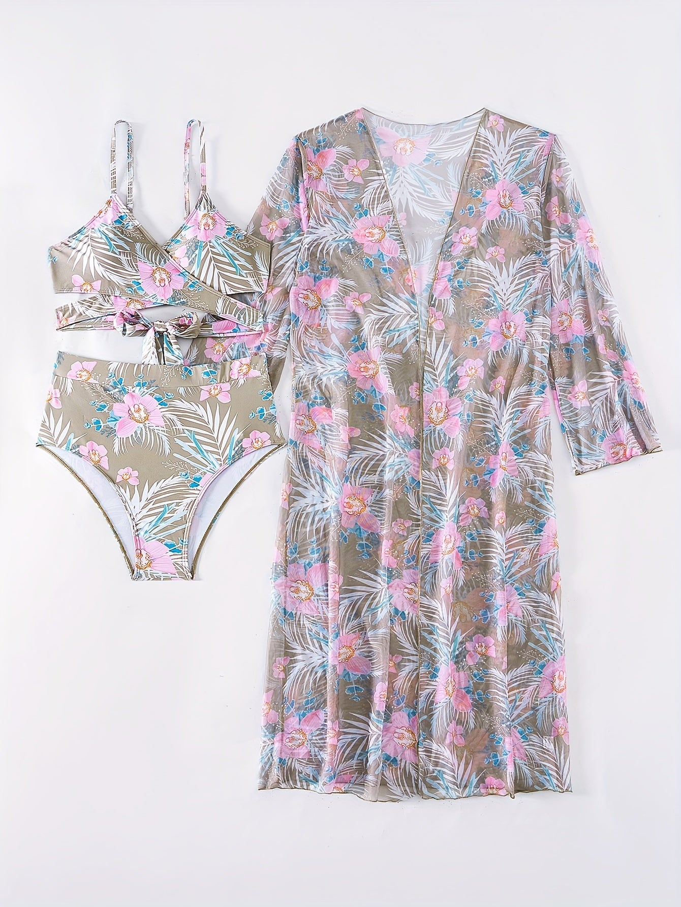 Leaf & Flower Print Stretchy 3 Piece Bikini Set with Long Sleeve Kimono