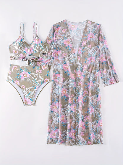 Leaf & Flower Print Stretchy 3 Piece Bikini Set with Long Sleeve Kimono