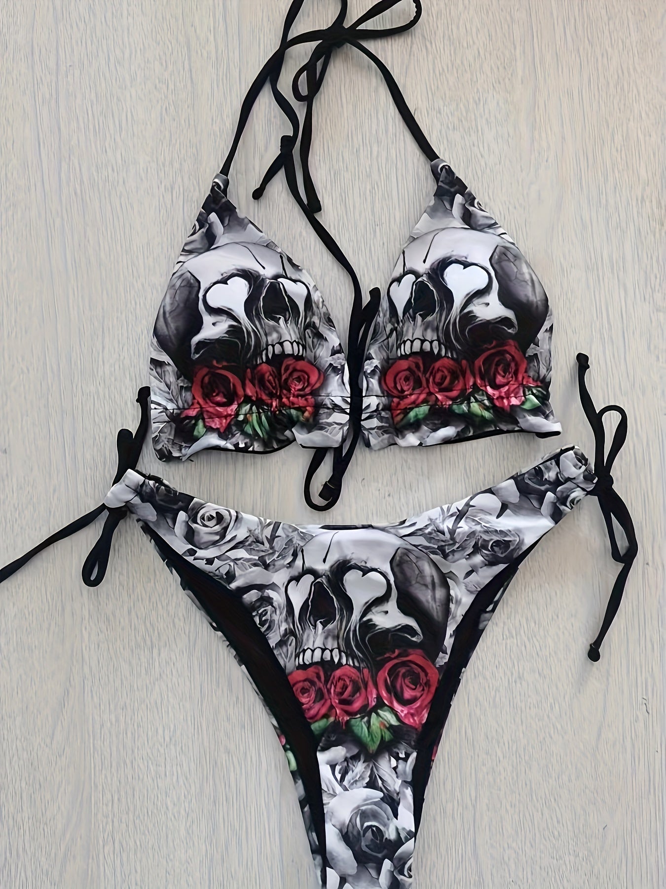 Gothic Skull Floral Print Tie Strap 2 Piece Set Bikini