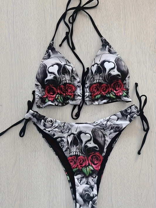 Gothic Skull Floral Print Tie Strap 2 Piece Set Bikini