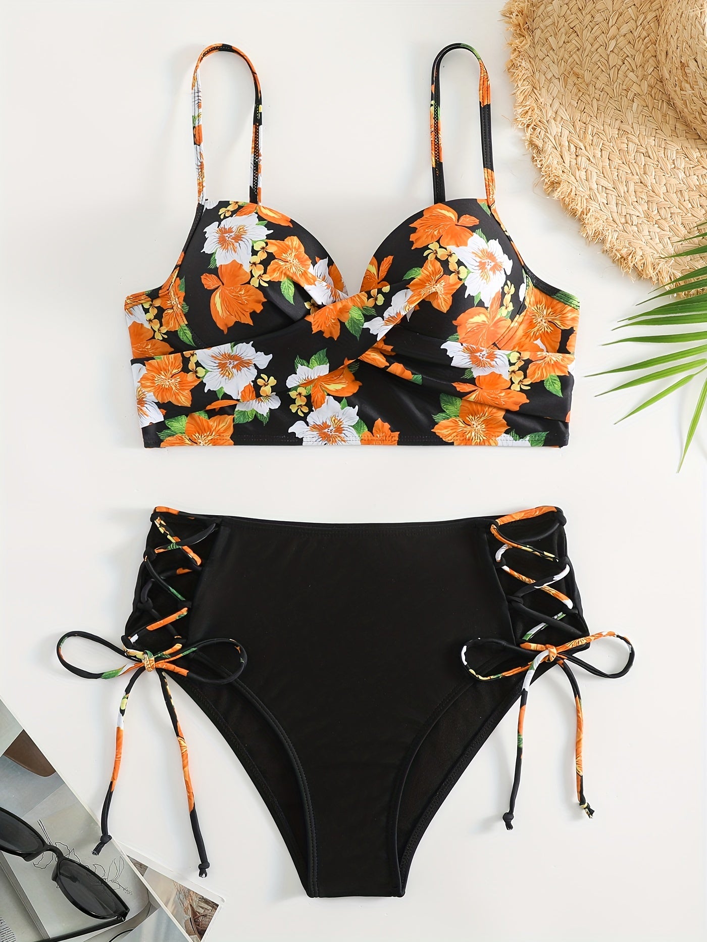 2 Piece Floral Print Cross Lace Up Bikini Set