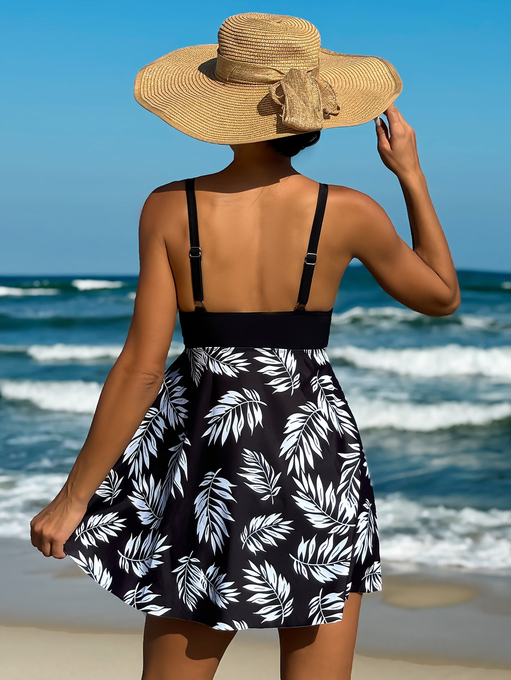 2 Piece Strapless Leaf Print Tankini Set