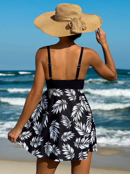 2 Piece Strapless Leaf Print Tankini Set