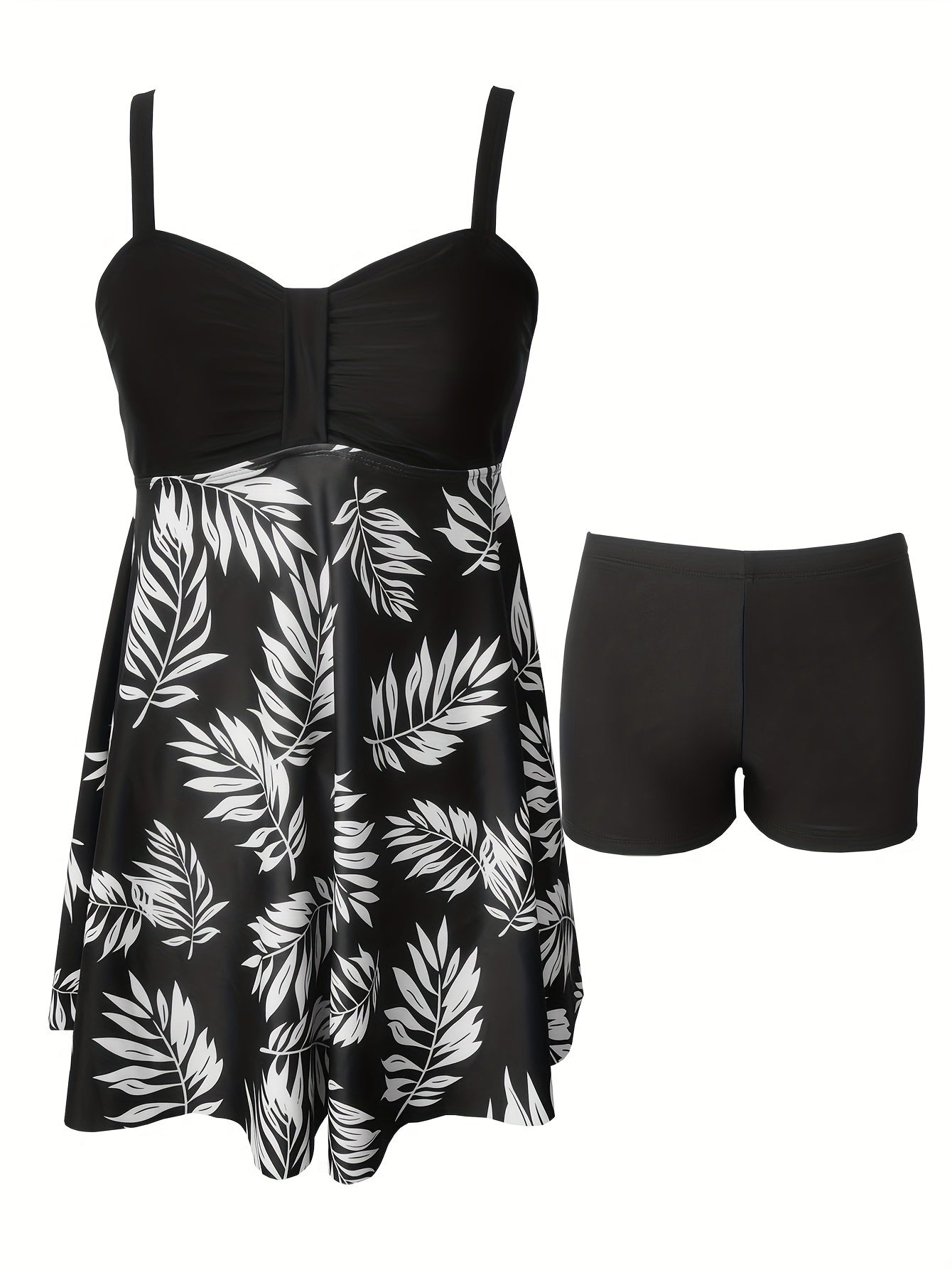 2 Piece Strapless Leaf Print Tankini Set