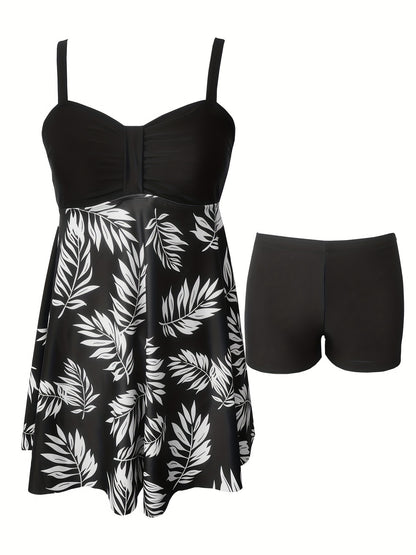 2 Piece Strapless Leaf Print Tankini Set