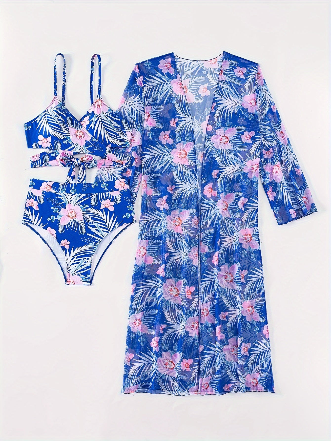 Leaf & Flower Print Stretchy 3 Piece Bikini Set with Long Sleeve Kimono