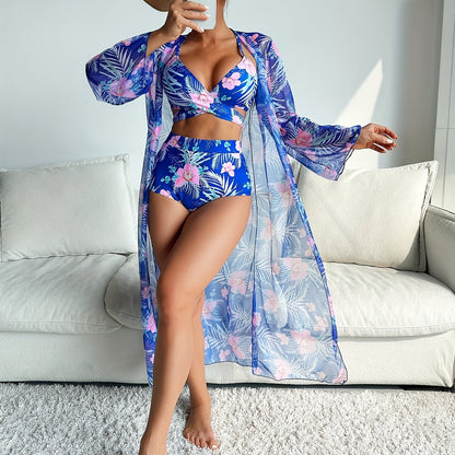 Leaf & Flower Print Stretchy 3 Piece Bikini Set with Long Sleeve Kimono