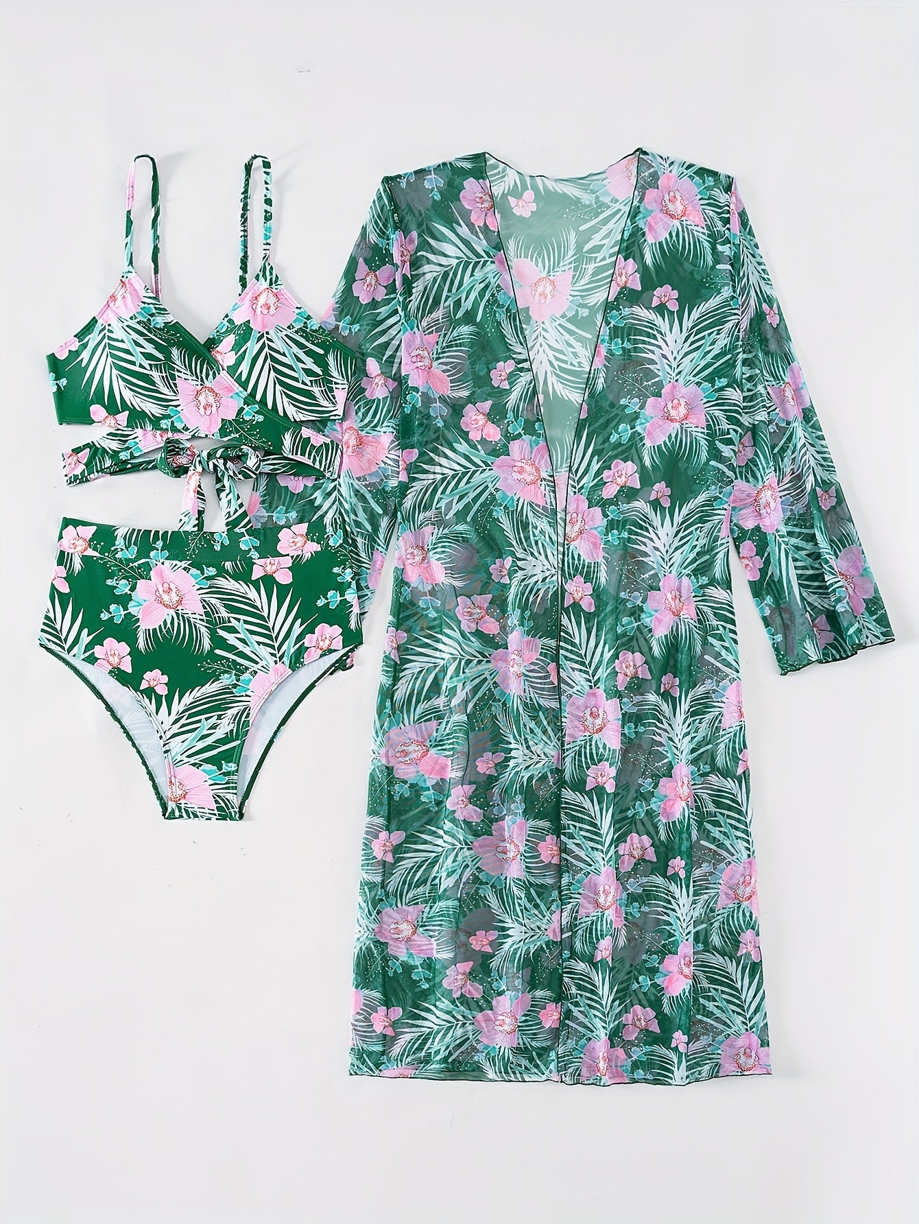 Leaf & Flower Print Stretchy 3 Piece Bikini Set with Long Sleeve Kimono