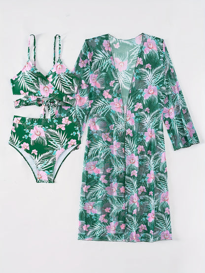 Leaf & Flower Print Stretchy 3 Piece Bikini Set with Long Sleeve Kimono