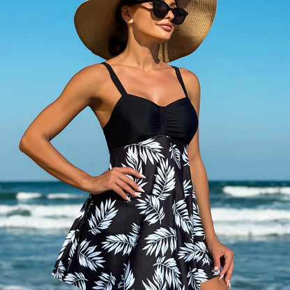 2 Piece Strapless Leaf Print Tankini Set