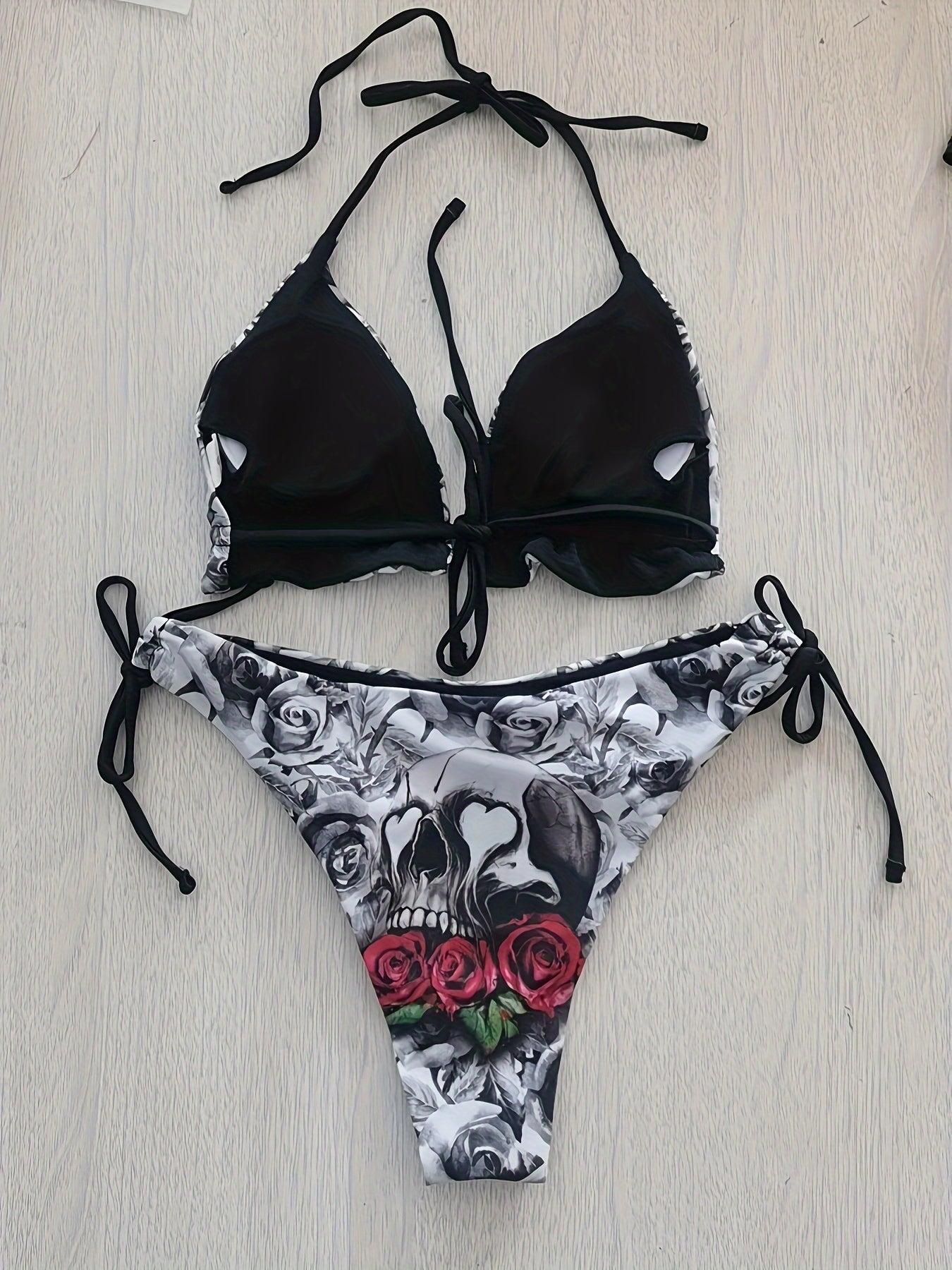 Gothic Skull Floral Print Tie Strap 2 Piece Set Bikini