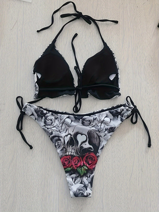 Gothic Skull Floral Print Tie Strap 2 Piece Set Bikini