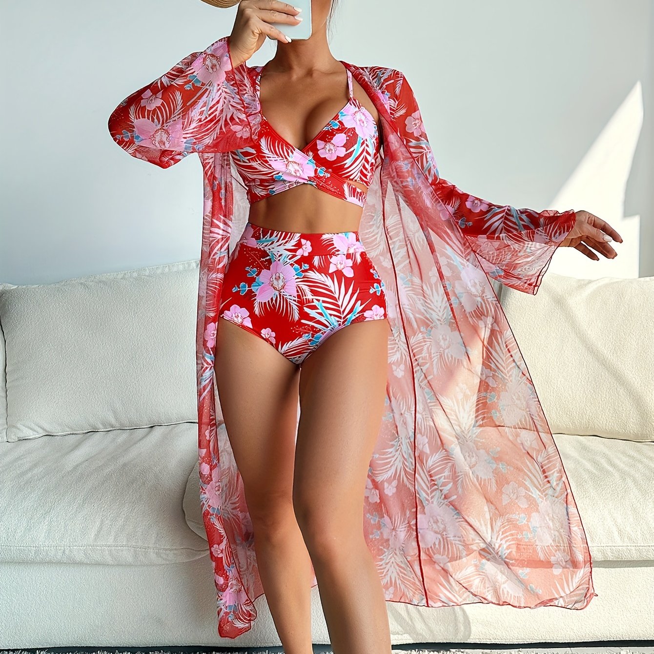 Leaf & Flower Print Stretchy 3 Piece Bikini Set with Long Sleeve Kimono