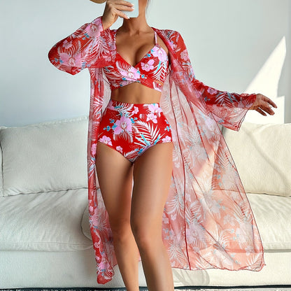 Leaf & Flower Print Stretchy 3 Piece Bikini Set with Long Sleeve Kimono
