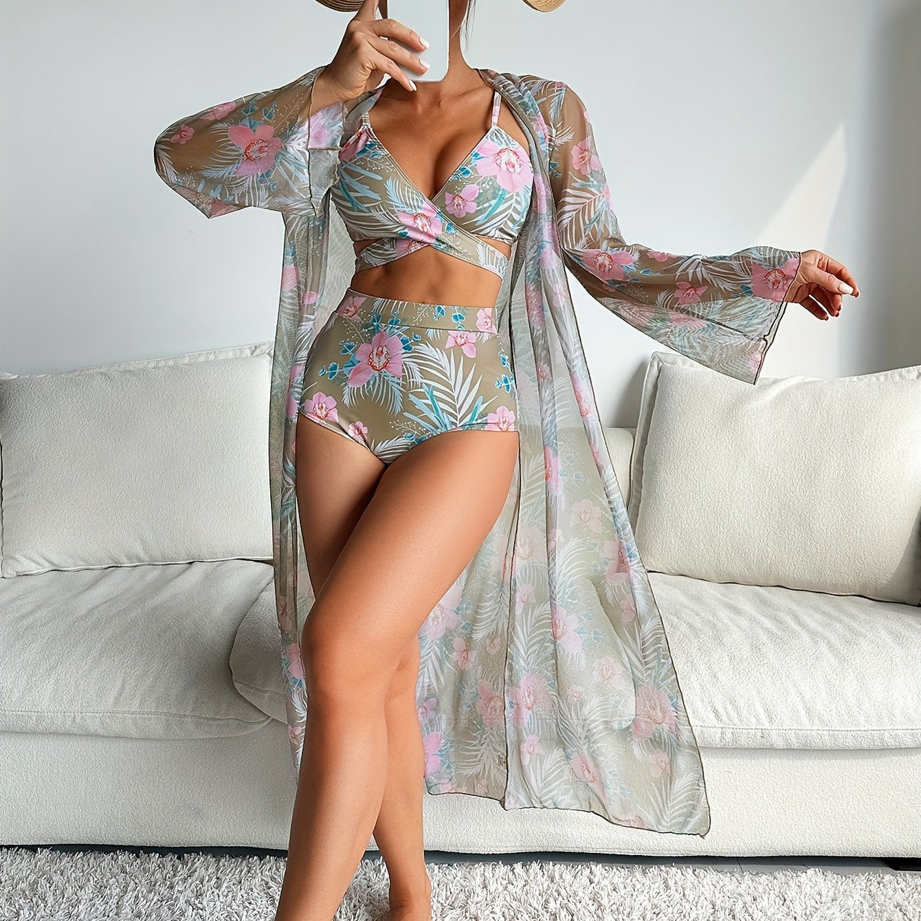 Leaf & Flower Print Stretchy 3 Piece Bikini Set with Long Sleeve Kimono