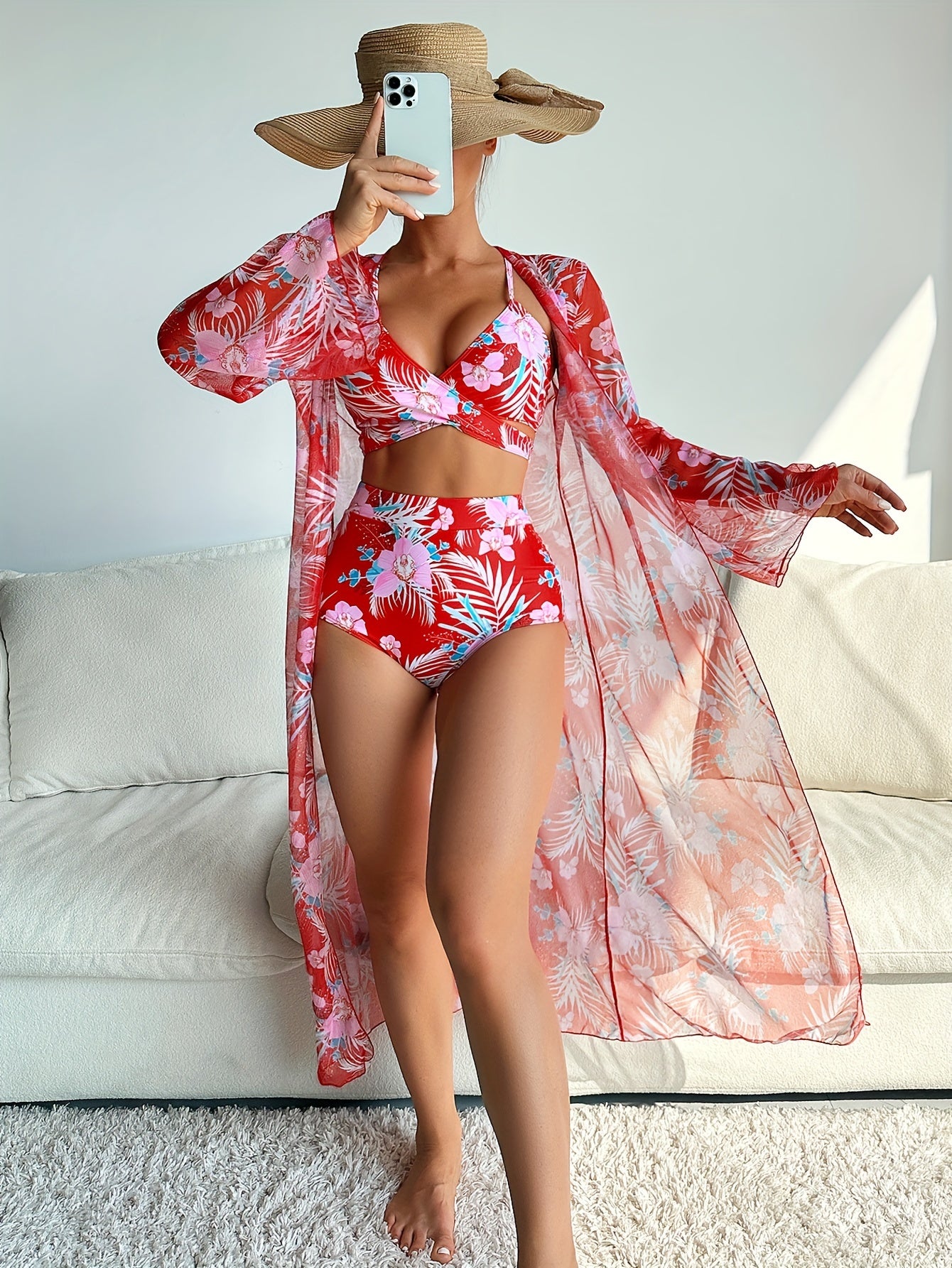 Leaf & Flower Print Stretchy 3 Piece Bikini Set with Long Sleeve Kimono