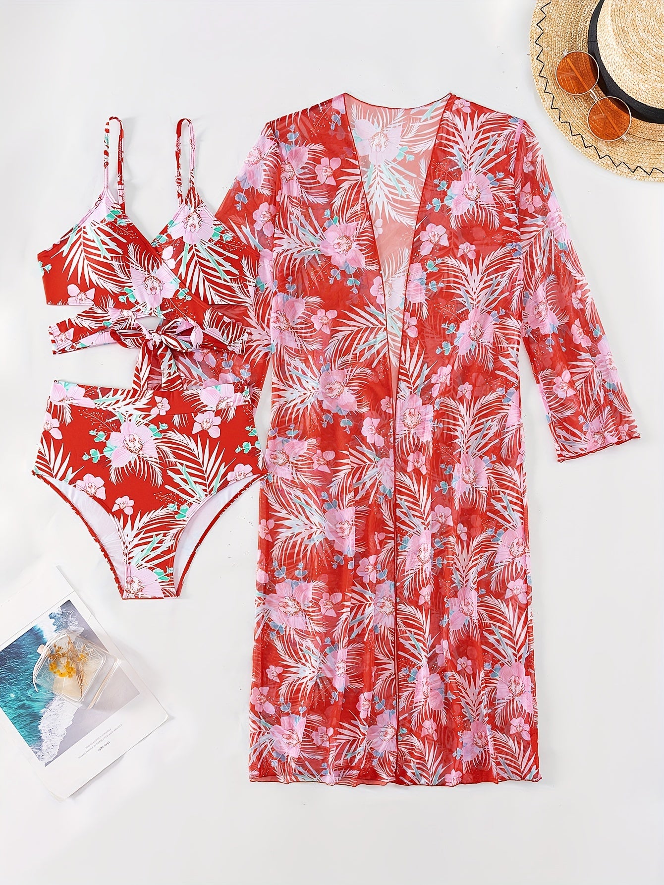 Leaf & Flower Print Stretchy 3 Piece Bikini Set with Long Sleeve Kimono
