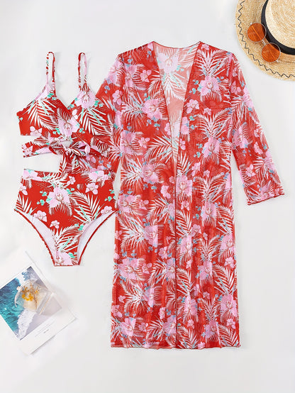 Leaf & Flower Print Stretchy 3 Piece Bikini Set with Long Sleeve Kimono