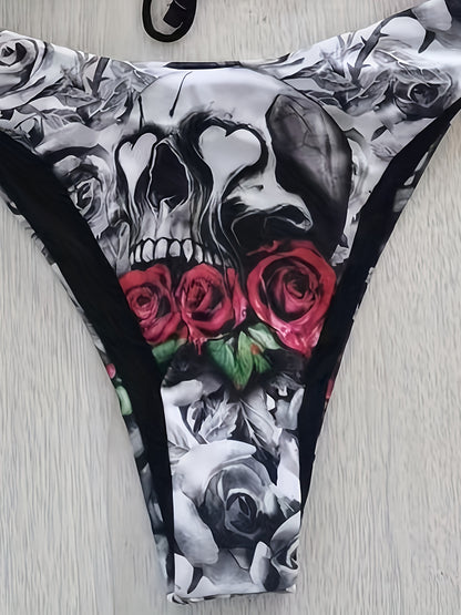 Gothic Skull Floral Print Tie Strap 2 Piece Set Bikini