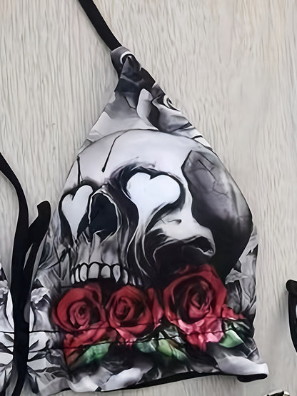 Gothic Skull Floral Print Tie Strap 2 Piece Set Bikini